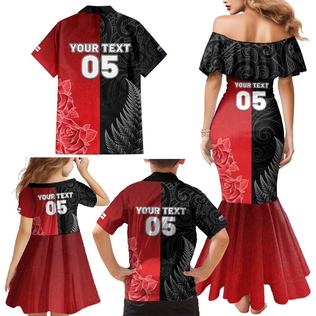 New Zealand And England Rugby Custom Family Matching Mermaid Dress and Hawaiian Shirt Red Rose Mix Maori Pattern - Polynesian Pride