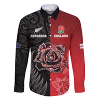 New Zealand And England Rugby Custom Family Matching Mermaid Dress and Hawaiian Shirt Red Rose Mix Maori Pattern - Polynesian Pride