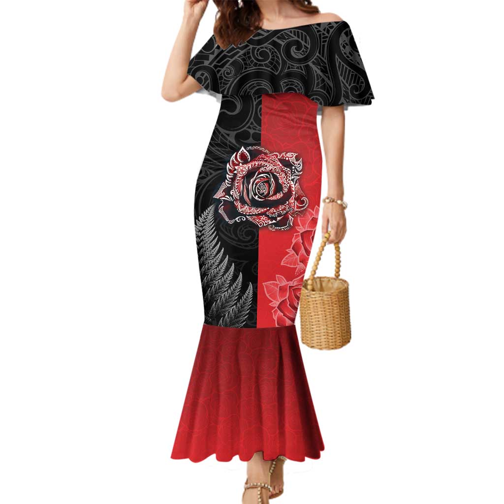 New Zealand And England Rugby Custom Family Matching Mermaid Dress and Hawaiian Shirt Red Rose Mix Maori Pattern - Polynesian Pride