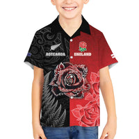 New Zealand And England Rugby Custom Family Matching Puletasi and Hawaiian Shirt Red Rose Mix Maori Pattern - Polynesian Pride