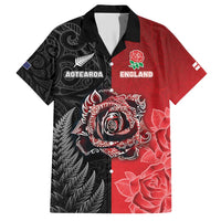 New Zealand And England Rugby Custom Family Matching Short Sleeve Bodycon Dress and Hawaiian Shirt Red Rose Mix Maori Pattern - Polynesian Pride
