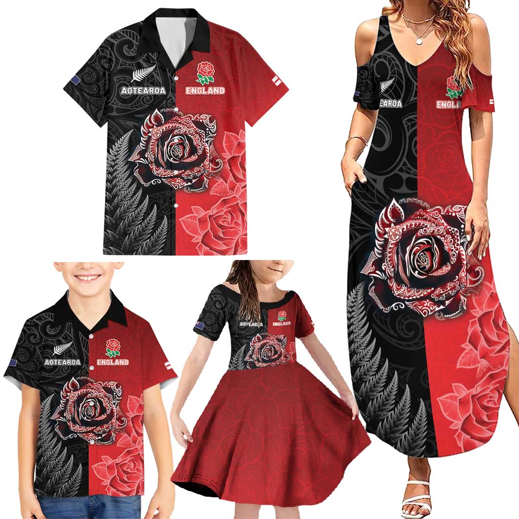New Zealand And England Rugby Custom Family Matching Summer Maxi Dress and Hawaiian Shirt Red Rose Mix Maori Pattern - Polynesian Pride
