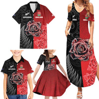 New Zealand And England Rugby Custom Family Matching Summer Maxi Dress and Hawaiian Shirt Red Rose Mix Maori Pattern - Polynesian Pride