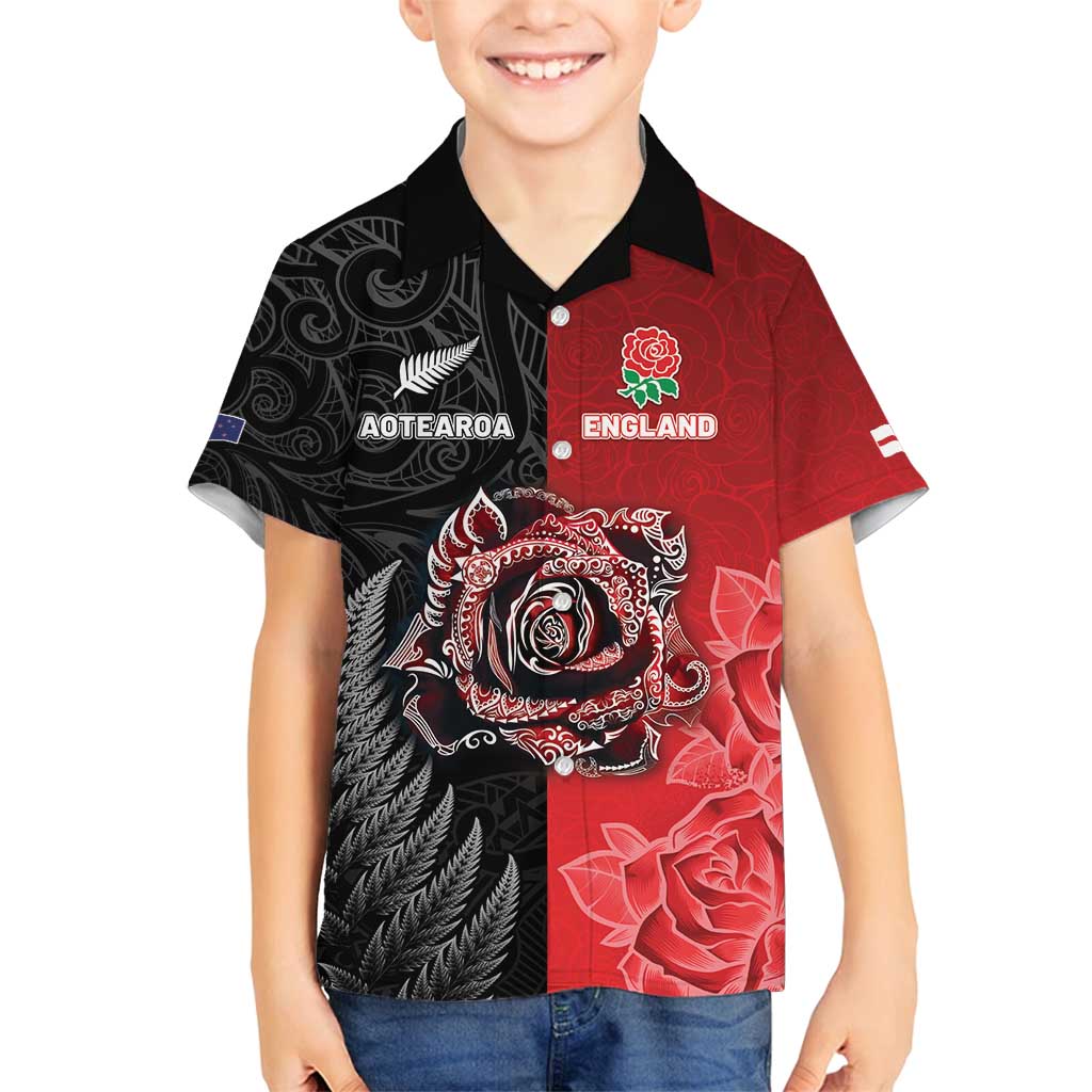 New Zealand And England Rugby Custom Family Matching Summer Maxi Dress and Hawaiian Shirt Red Rose Mix Maori Pattern - Polynesian Pride