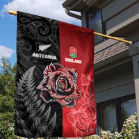 New Zealand And England Rugby Garden Flag Red Rose Mix Maori Pattern - Polynesian Pride
