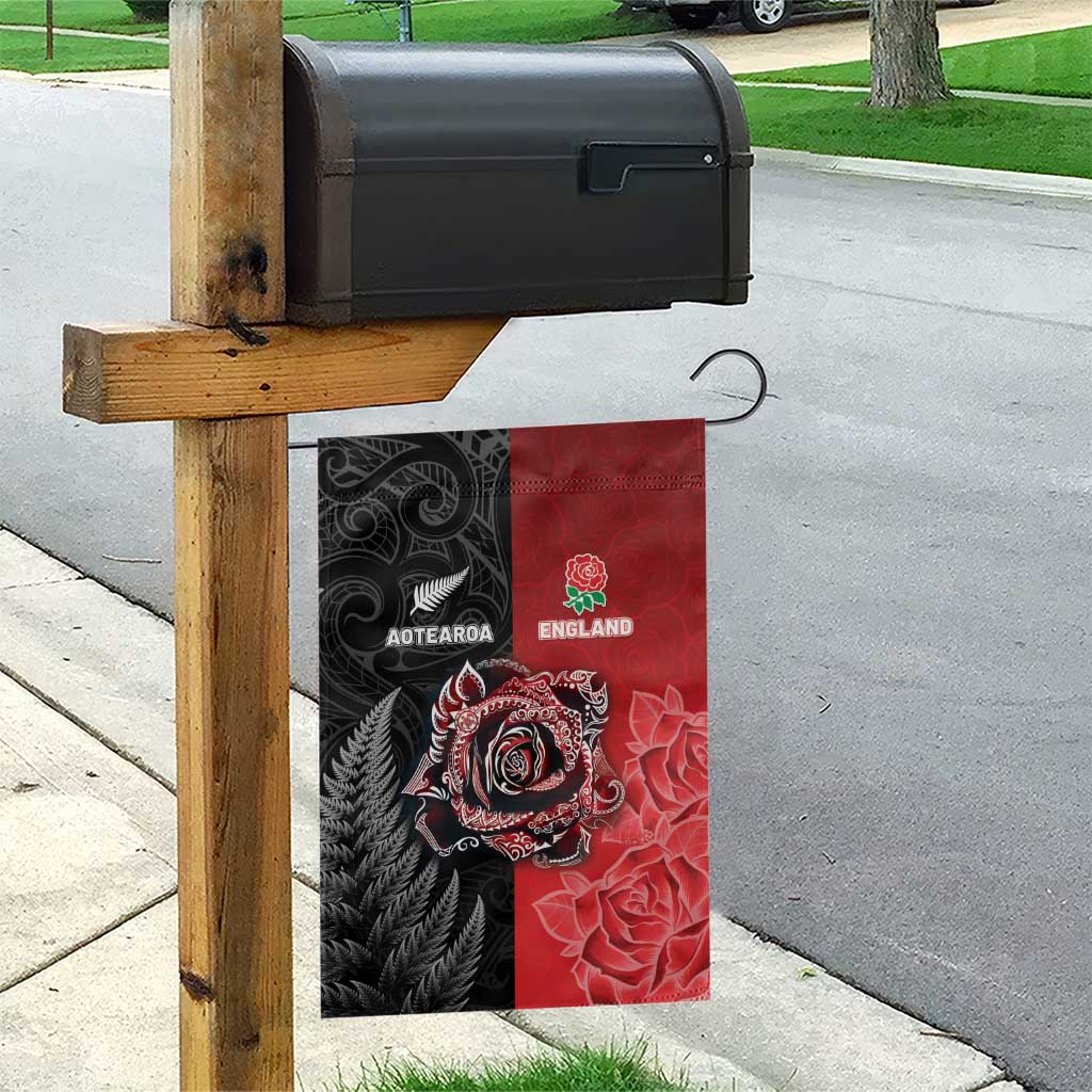 New Zealand And England Rugby Garden Flag Red Rose Mix Maori Pattern - Polynesian Pride