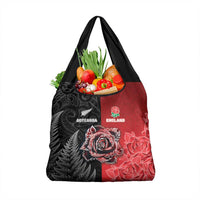New Zealand And England Rugby Grocery Bag Red Rose Mix Maori Pattern - Polynesian Pride