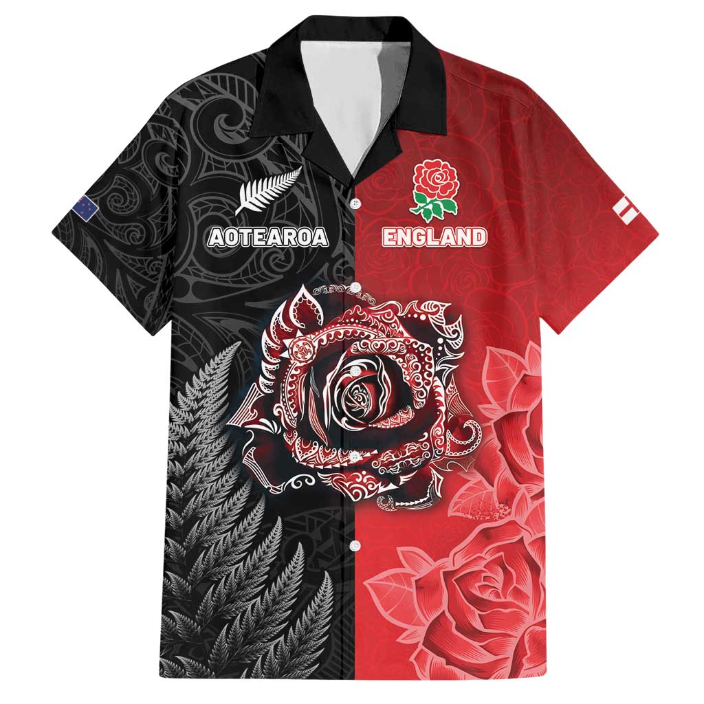 New Zealand And England Rugby Custom Hawaiian Shirt Red Rose Mix Maori Pattern - Polynesian Pride