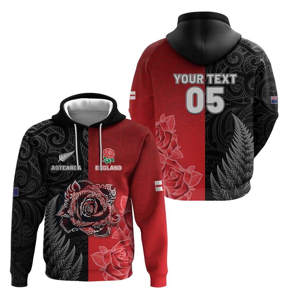 New Zealand And England Rugby Custom Hoodie Red Rose Mix Maori Pattern - Polynesian Pride