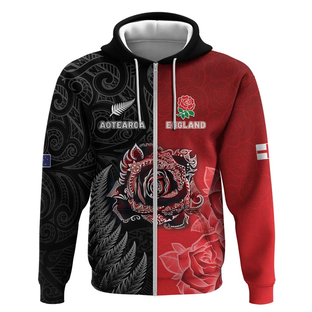 New Zealand And England Rugby Custom Hoodie Red Rose Mix Maori Pattern - Polynesian Pride