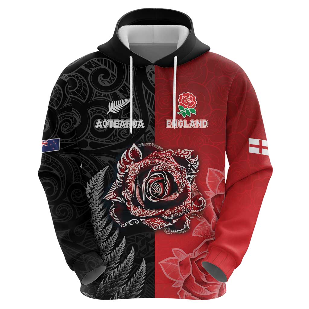 New Zealand And England Rugby Custom Hoodie Red Rose Mix Maori Pattern - Polynesian Pride