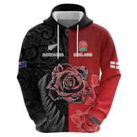 New Zealand And England Rugby Custom Hoodie Red Rose Mix Maori Pattern - Polynesian Pride