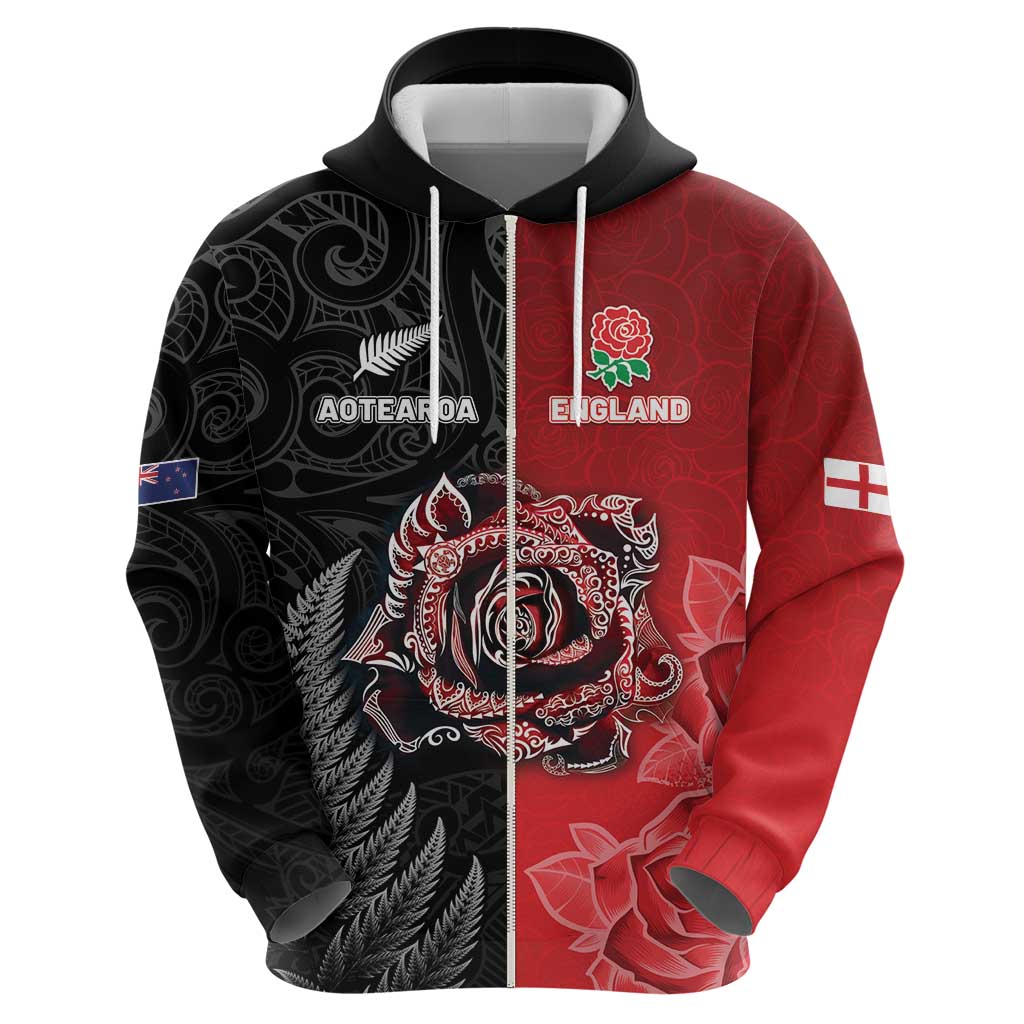 New Zealand And England Rugby Custom Hoodie Red Rose Mix Maori Pattern - Polynesian Pride