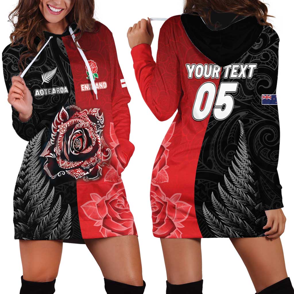 New Zealand And England Rugby Custom Hoodie Dress Red Rose Mix Maori Pattern - Polynesian Pride