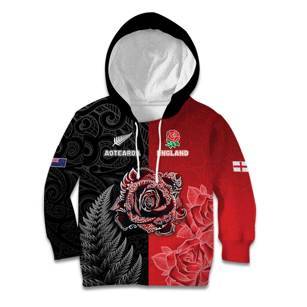 New Zealand And England Rugby Custom Kid Hoodie Red Rose Mix Maori Pattern - Polynesian Pride