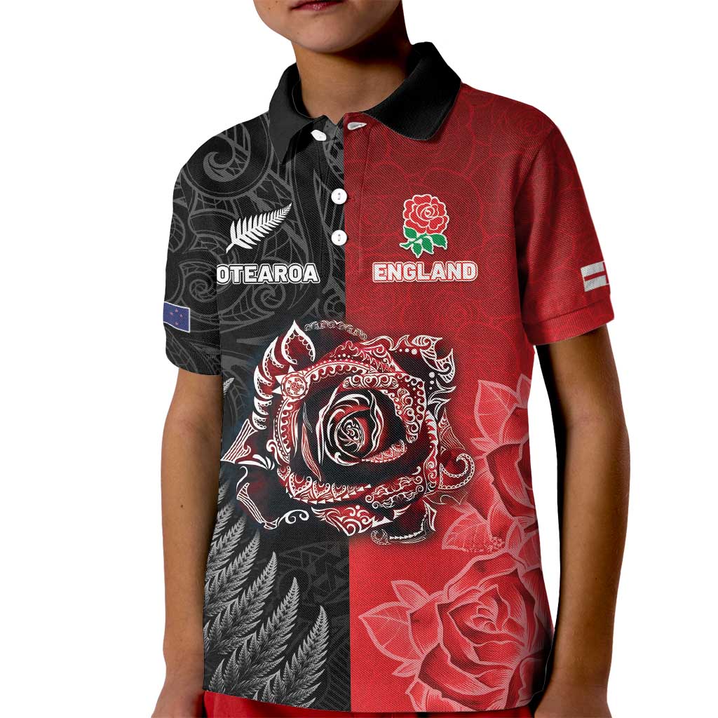 New Zealand And England Rugby Custom Kid Polo Shirt Red Rose Mix Maori Pattern - Polynesian Pride