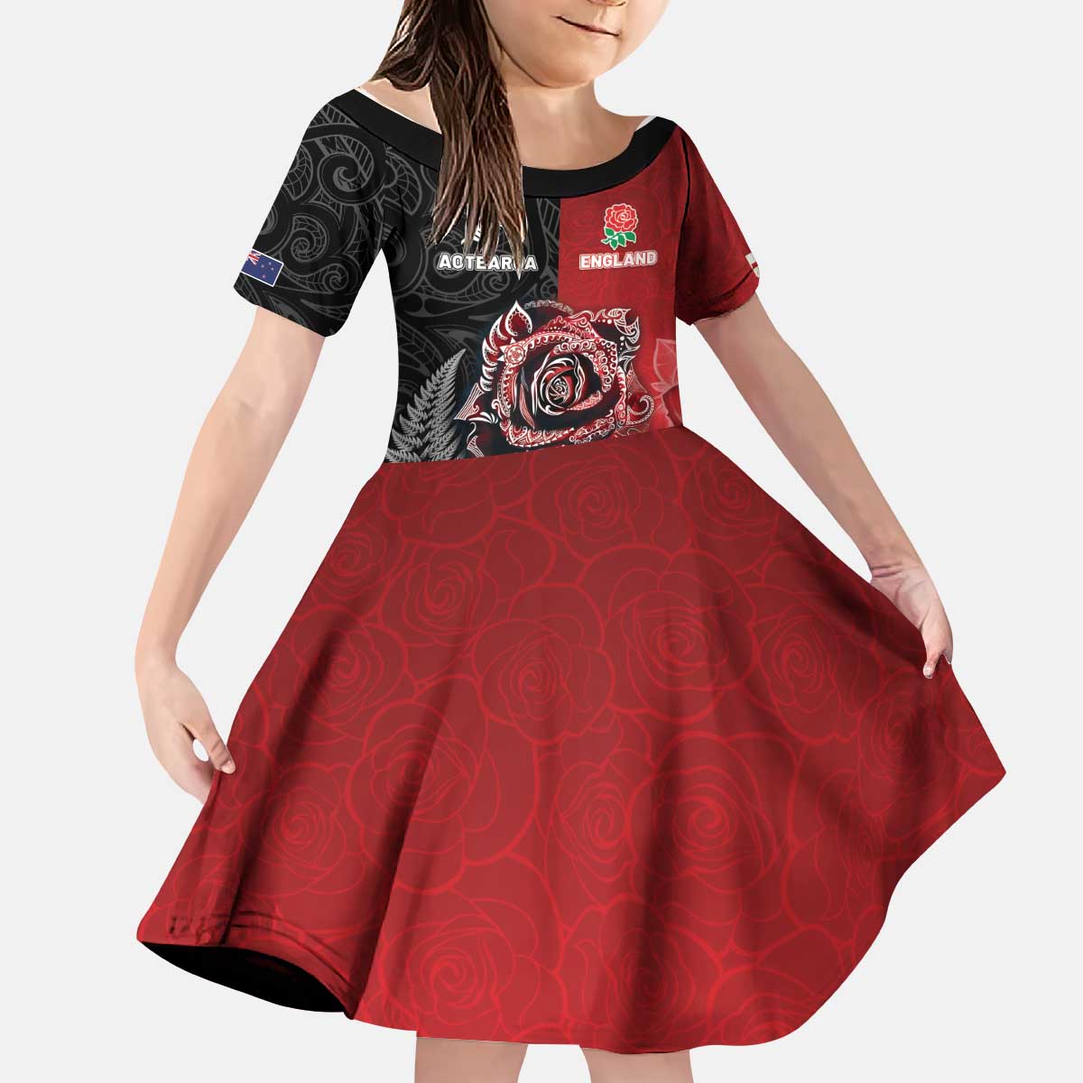 New Zealand And England Rugby Custom Kid Short Sleeve Dress Red Rose Mix Maori Pattern - Polynesian Pride