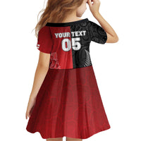 New Zealand And England Rugby Custom Kid Short Sleeve Dress Red Rose Mix Maori Pattern - Polynesian Pride