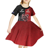 New Zealand And England Rugby Custom Kid Short Sleeve Dress Red Rose Mix Maori Pattern - Polynesian Pride