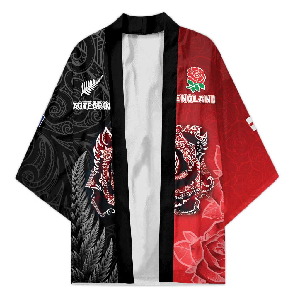 New Zealand And England Rugby Custom Kimono Red Rose Mix Maori Pattern - Polynesian Pride