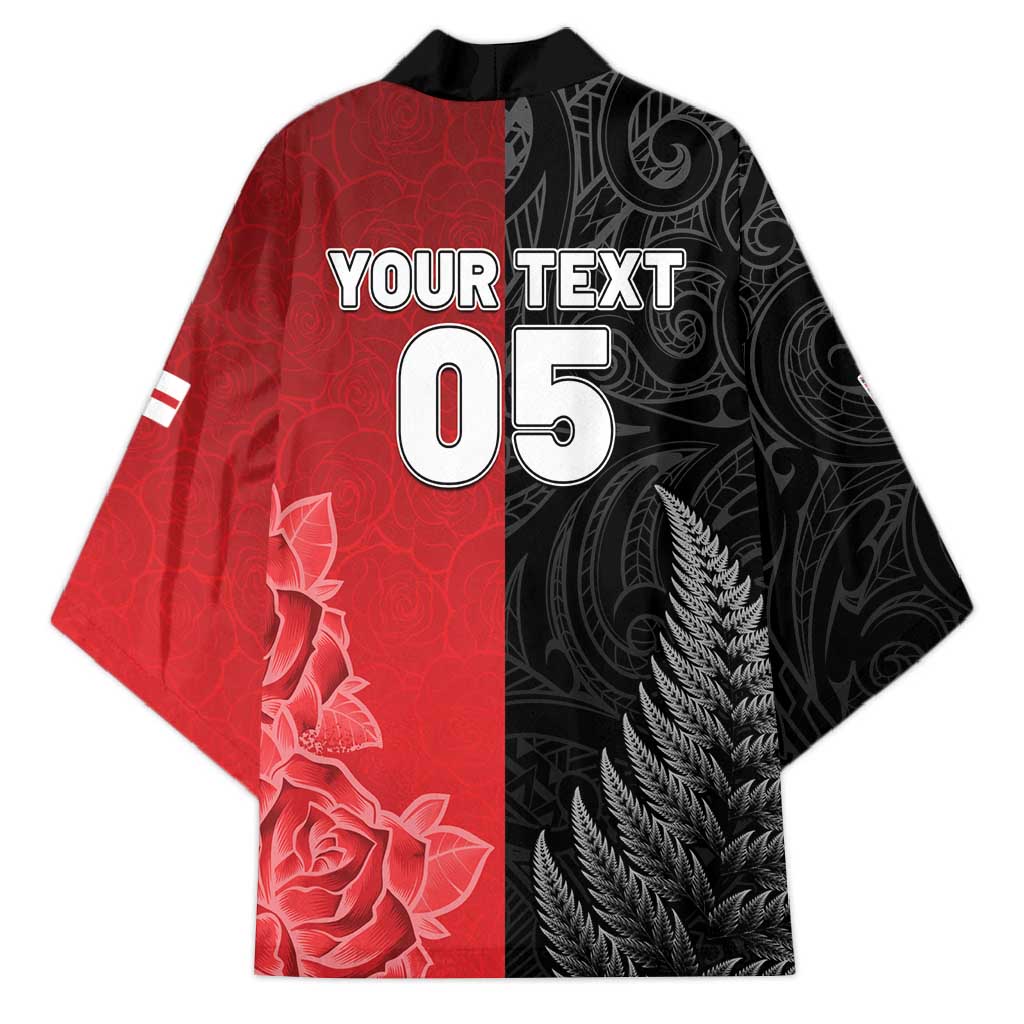 New Zealand And England Rugby Custom Kimono Red Rose Mix Maori Pattern - Polynesian Pride
