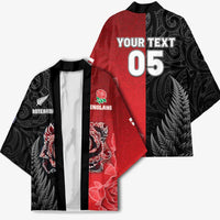 New Zealand And England Rugby Custom Kimono Red Rose Mix Maori Pattern - Polynesian Pride