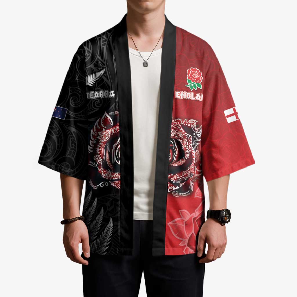 New Zealand And England Rugby Custom Kimono Red Rose Mix Maori Pattern - Polynesian Pride