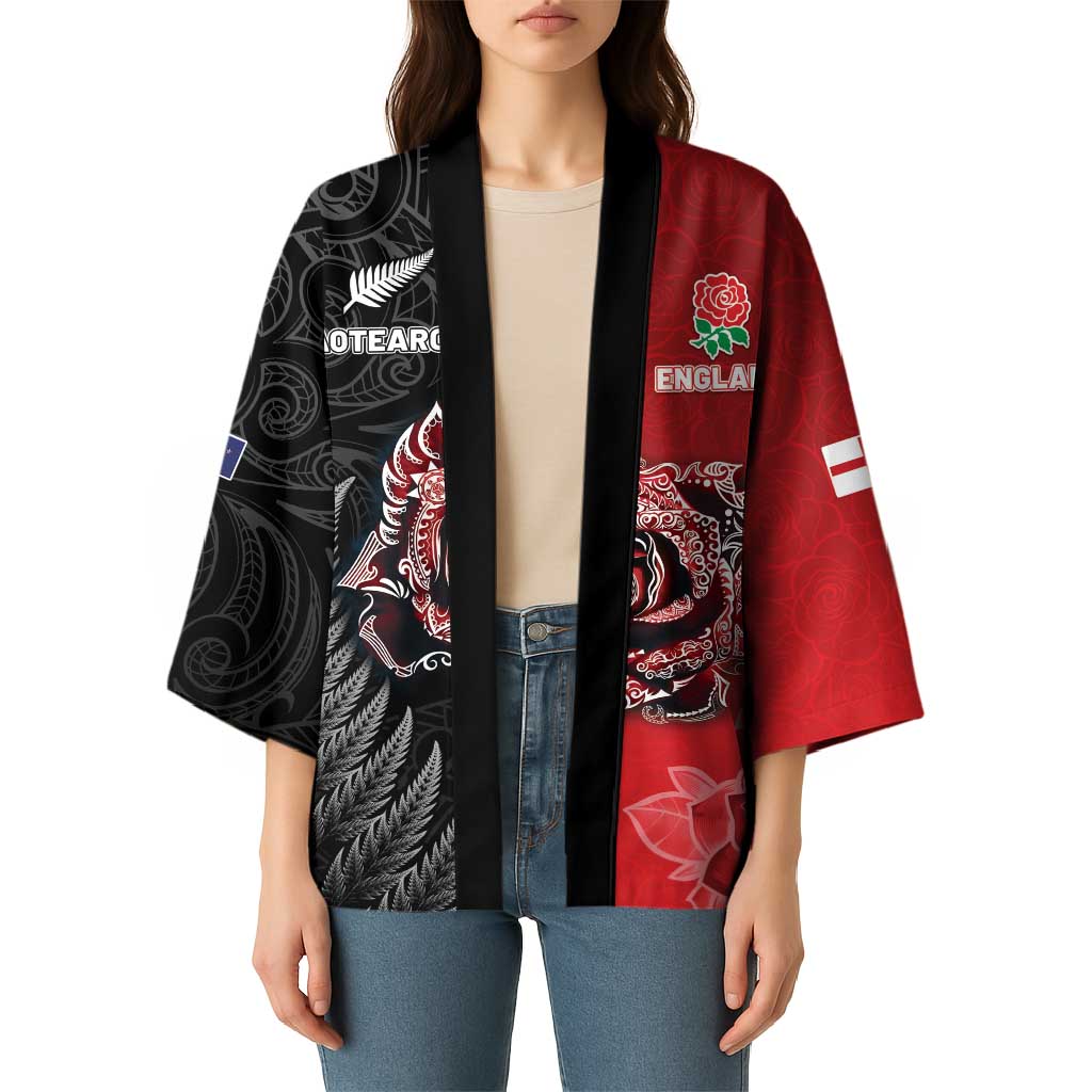 New Zealand And England Rugby Custom Kimono Red Rose Mix Maori Pattern - Polynesian Pride