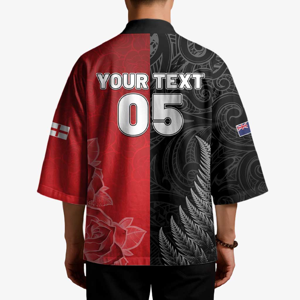 New Zealand And England Rugby Custom Kimono Red Rose Mix Maori Pattern - Polynesian Pride