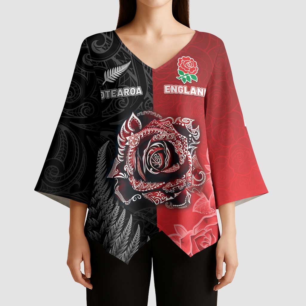 New Zealand And England Rugby Custom Kimono Sleeve Blouse Red Rose Mix Maori Pattern - Polynesian Pride
