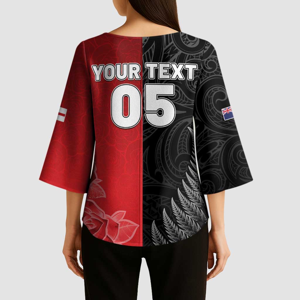 New Zealand And England Rugby Custom Kimono Sleeve Blouse Red Rose Mix Maori Pattern - Polynesian Pride