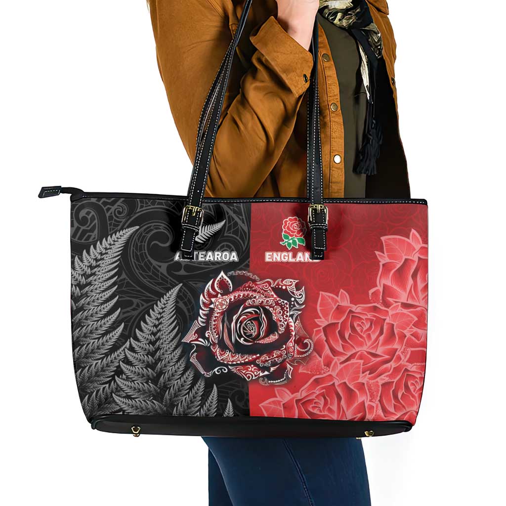New Zealand And England Rugby Leather Tote Bag Red Rose Mix Maori Pattern - Polynesian Pride