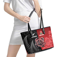 New Zealand And England Rugby Leather Tote Bag Red Rose Mix Maori Pattern - Polynesian Pride
