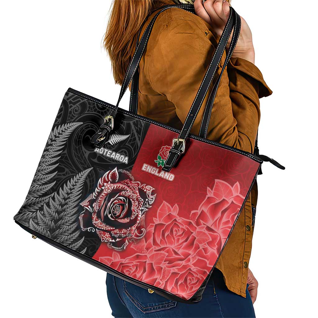 New Zealand And England Rugby Leather Tote Bag Red Rose Mix Maori Pattern - Polynesian Pride