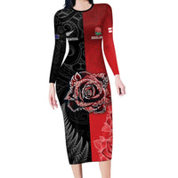New Zealand And England Rugby Custom Long Sleeve Bodycon Dress Red Rose Mix Maori Pattern - Polynesian Pride