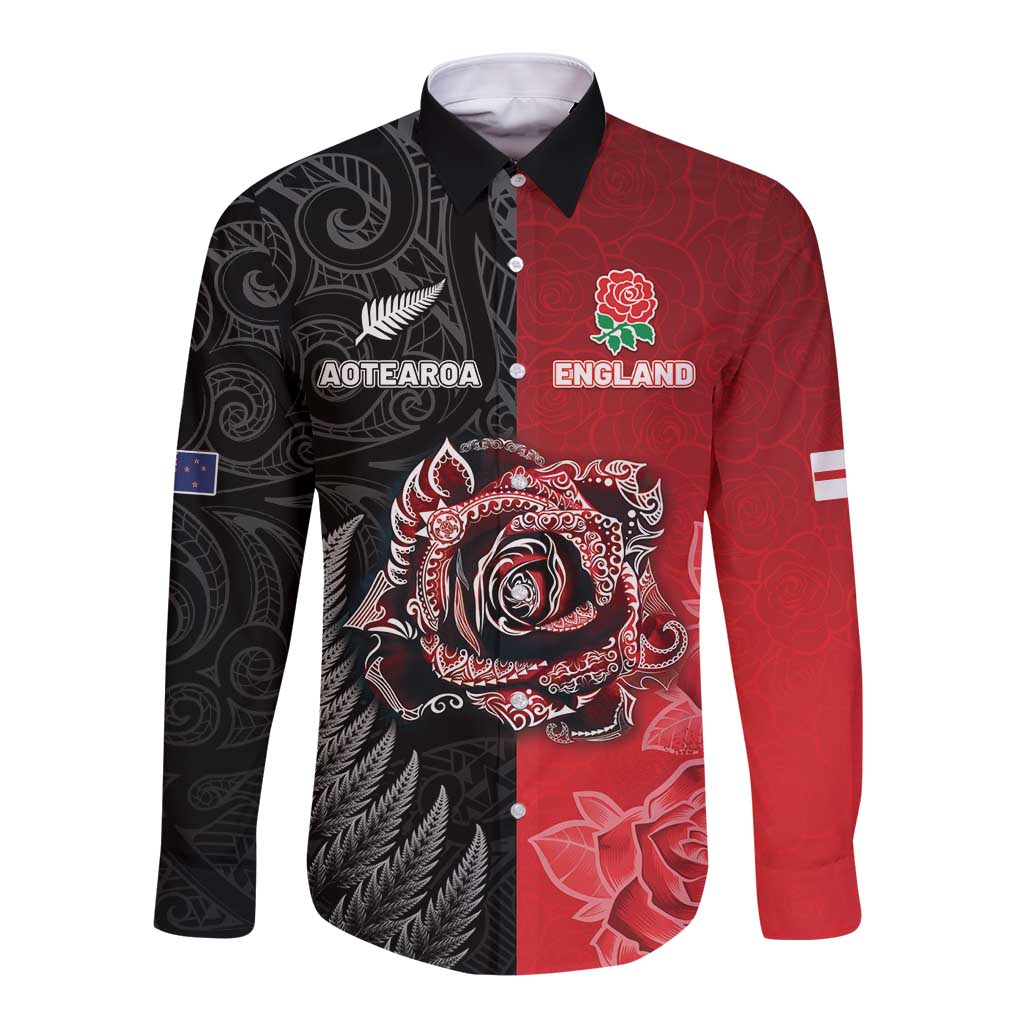 New Zealand And England Rugby Custom Long Sleeve Button Shirt Red Rose Mix Maori Pattern - Polynesian Pride