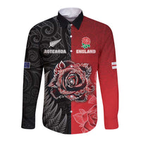 New Zealand And England Rugby Custom Long Sleeve Button Shirt Red Rose Mix Maori Pattern - Polynesian Pride