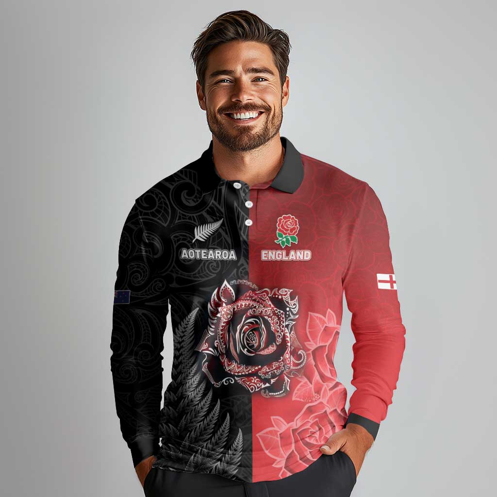 New Zealand And England Rugby Custom Long Sleeve Polo Shirt Red Rose Mix Maori Pattern - Polynesian Pride