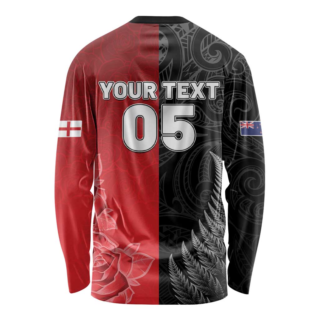 New Zealand And England Rugby Custom Long Sleeve Shirt Red Rose Mix Maori Pattern - Polynesian Pride
