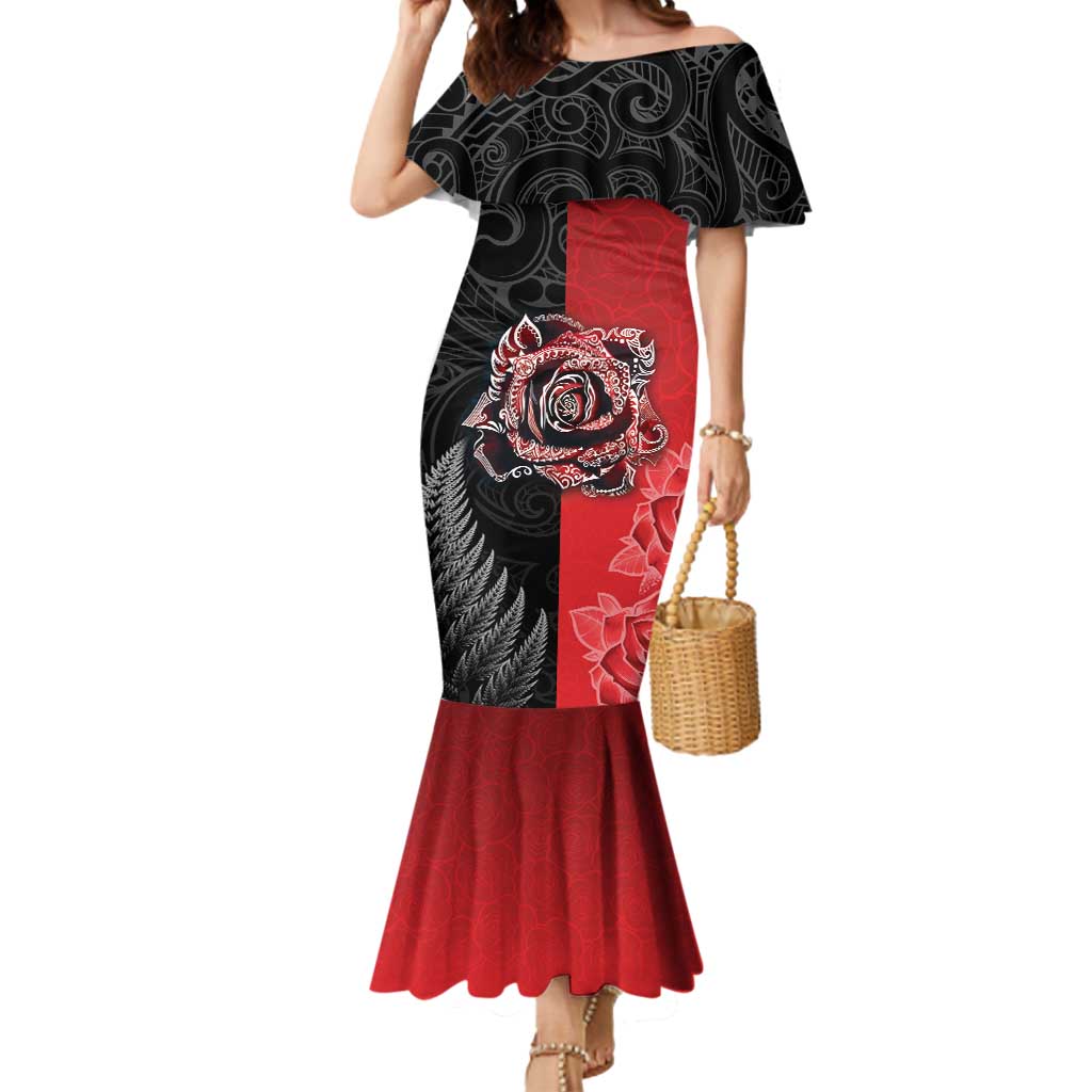 New Zealand And England Rugby Custom Mermaid Dress Red Rose Mix Maori Pattern - Polynesian Pride
