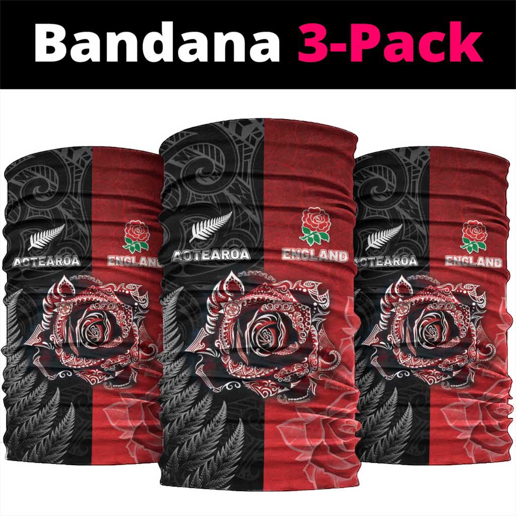 New Zealand And England Rugby Neck Gaiter Red Rose Mix Maori Pattern - Polynesian Pride