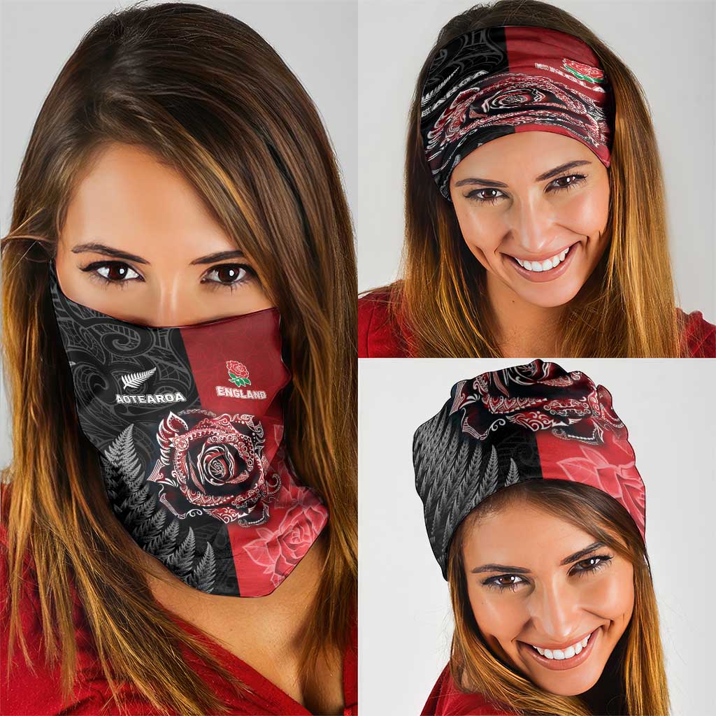 New Zealand And England Rugby Neck Gaiter Red Rose Mix Maori Pattern - Polynesian Pride