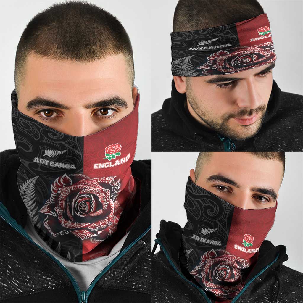 New Zealand And England Rugby Neck Gaiter Red Rose Mix Maori Pattern - Polynesian Pride