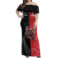 New Zealand And England Rugby Custom Off Shoulder Maxi Dress Red Rose Mix Maori Pattern - Polynesian Pride