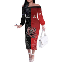 New Zealand And England Rugby Custom Off The Shoulder Long Sleeve Dress Red Rose Mix Maori Pattern - Polynesian Pride