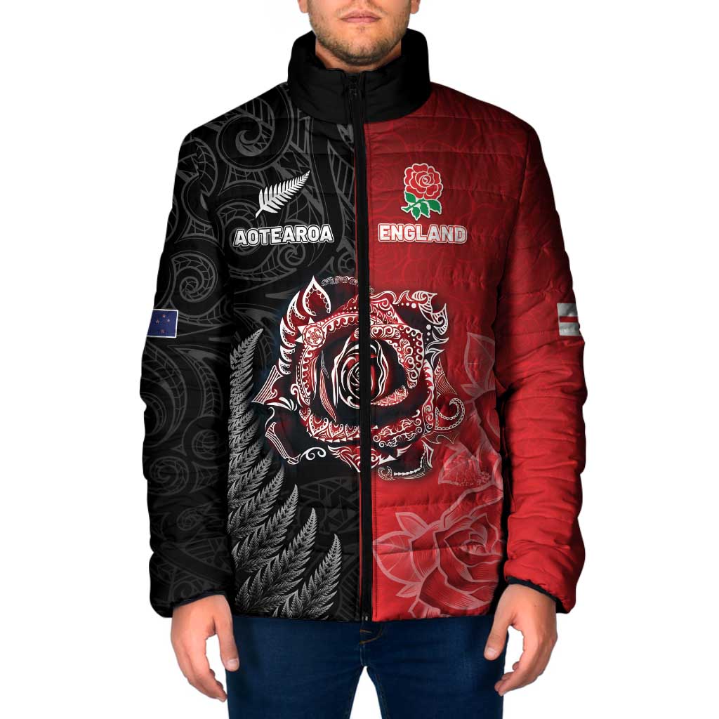 New Zealand And England Rugby Custom Padded Jacket Red Rose Mix Maori Pattern - Polynesian Pride