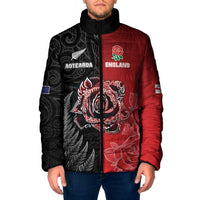 New Zealand And England Rugby Custom Padded Jacket Red Rose Mix Maori Pattern - Polynesian Pride