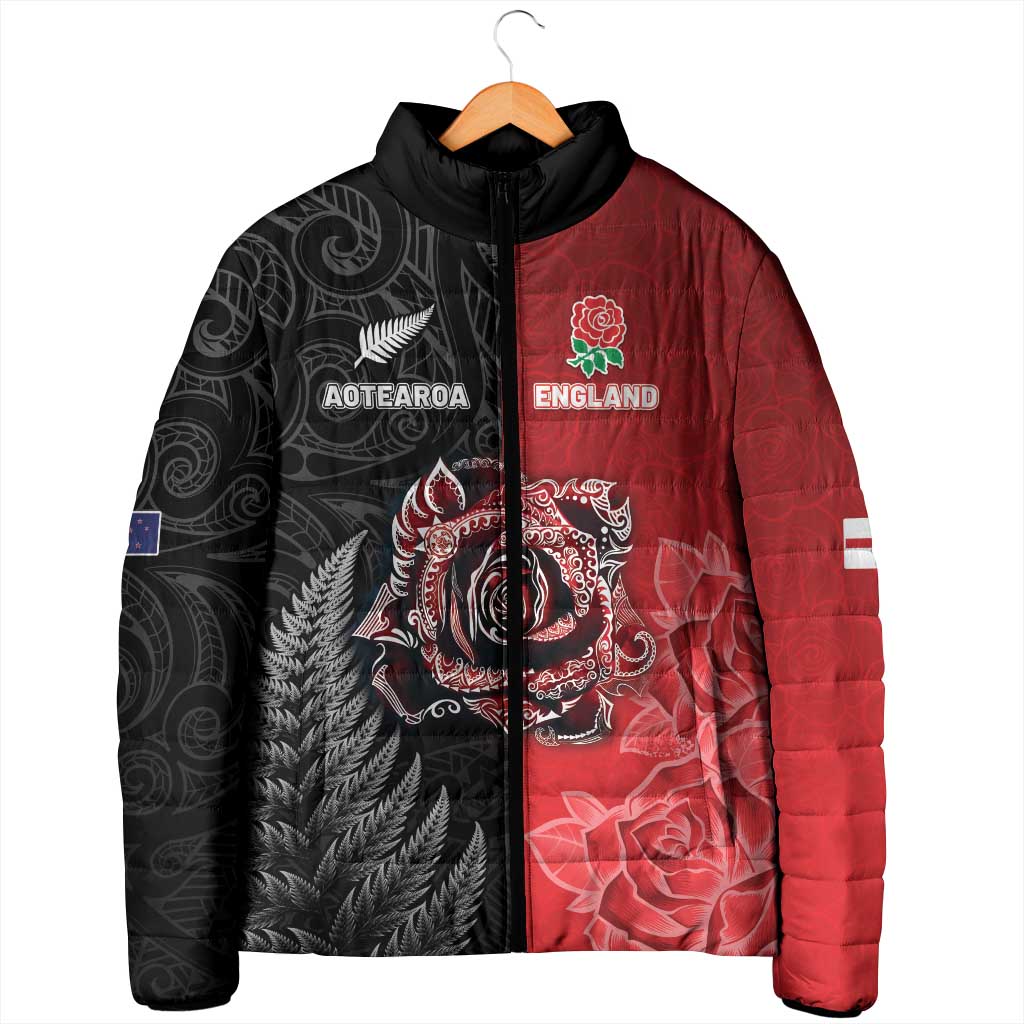 New Zealand And England Rugby Custom Padded Jacket Red Rose Mix Maori Pattern - Polynesian Pride