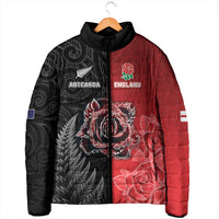 New Zealand And England Rugby Custom Padded Jacket Red Rose Mix Maori Pattern - Polynesian Pride