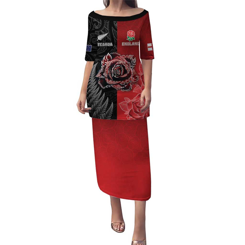 New Zealand And England Rugby Custom Puletasi Red Rose Mix Maori Pattern LT05 Long Dress Black - Polynesian Pride